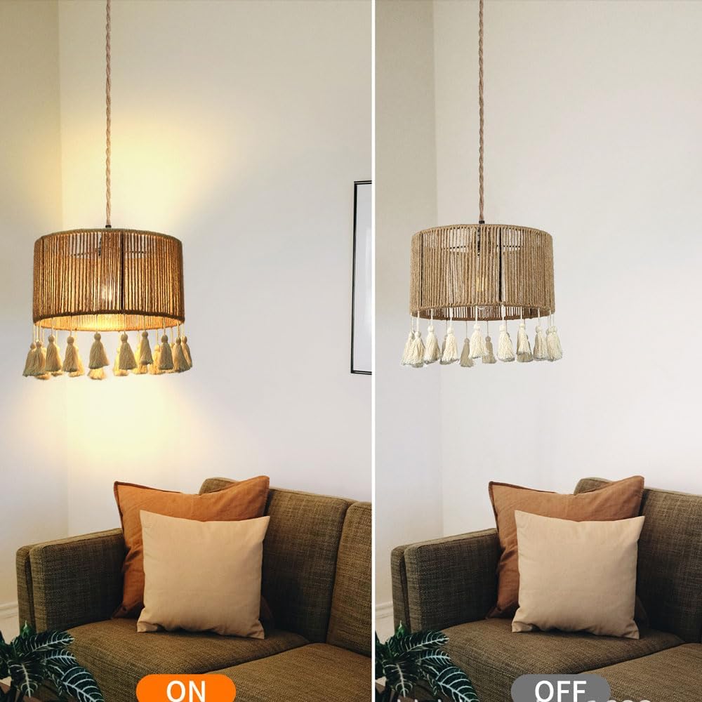 Bohemian Woven Rope Chandelier, Rustic Pendant Light for Kitchen & Bedroom Decor 11.81''W
