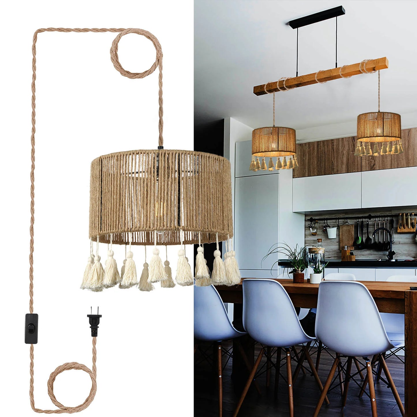 Bohemian Woven Rope Chandelier, Rustic Pendant Light for Kitchen & Bedroom Decor 11.81''W