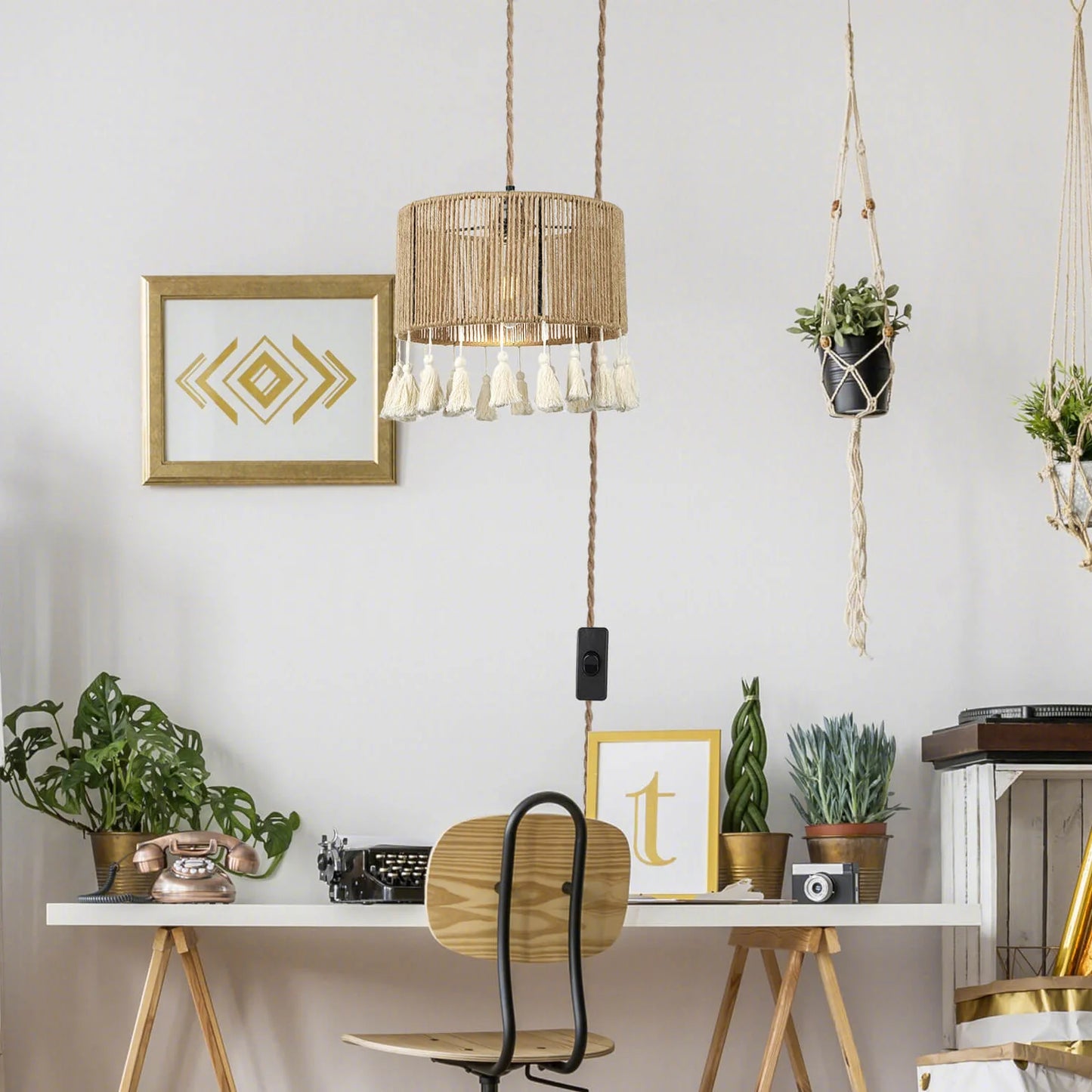 Bohemian Woven Rope Chandelier, Rustic Pendant Light for Kitchen & Bedroom Decor 11.81''W
