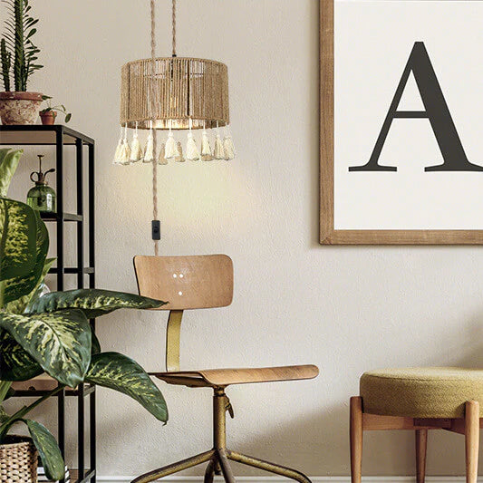 Bohemian Woven Rope Chandelier, Rustic Pendant Light for Kitchen & Bedroom Decor 11.81''W
