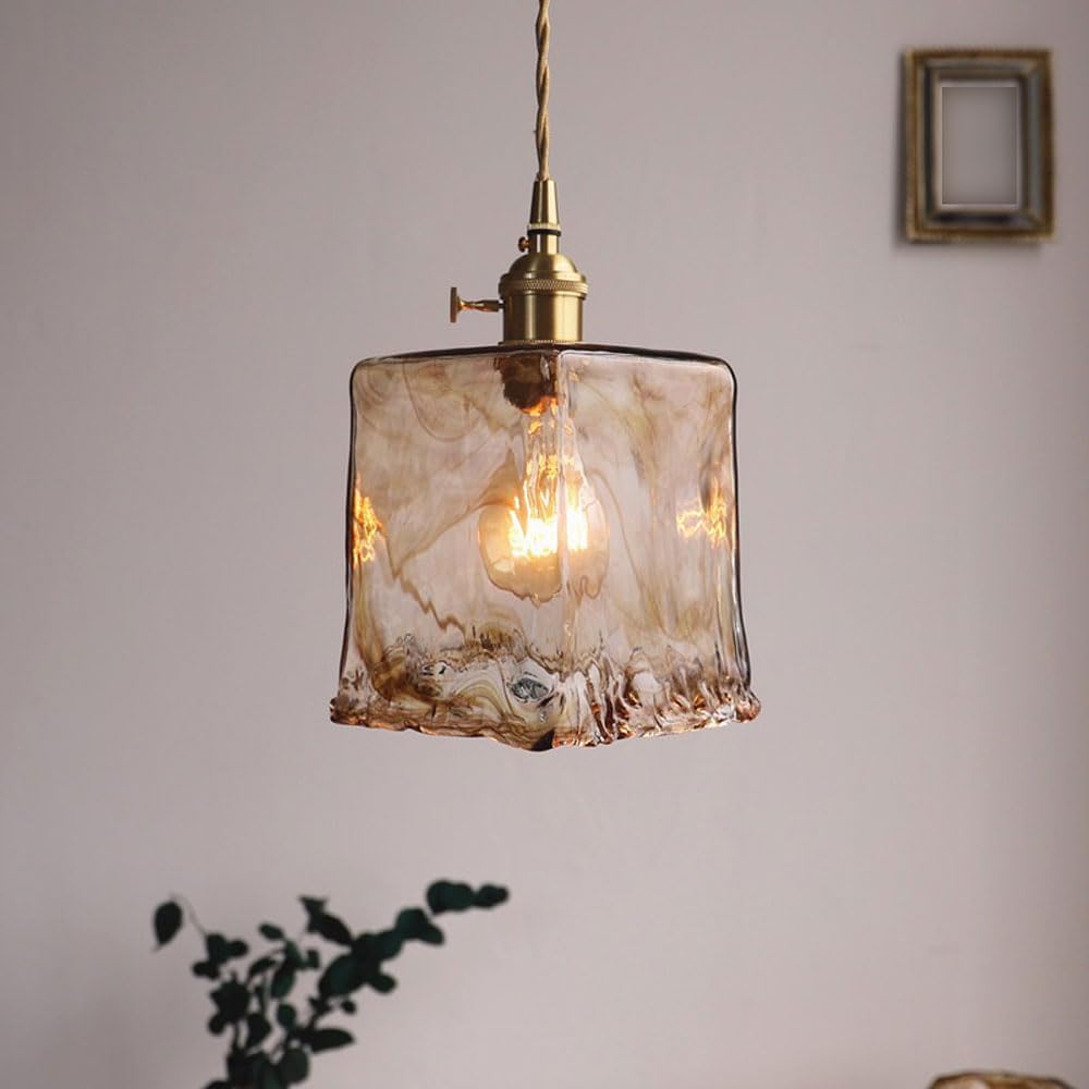 Retro all brass amber glass shade chandelier,71 "adjustable for dining room bedroom high ceiling lighting