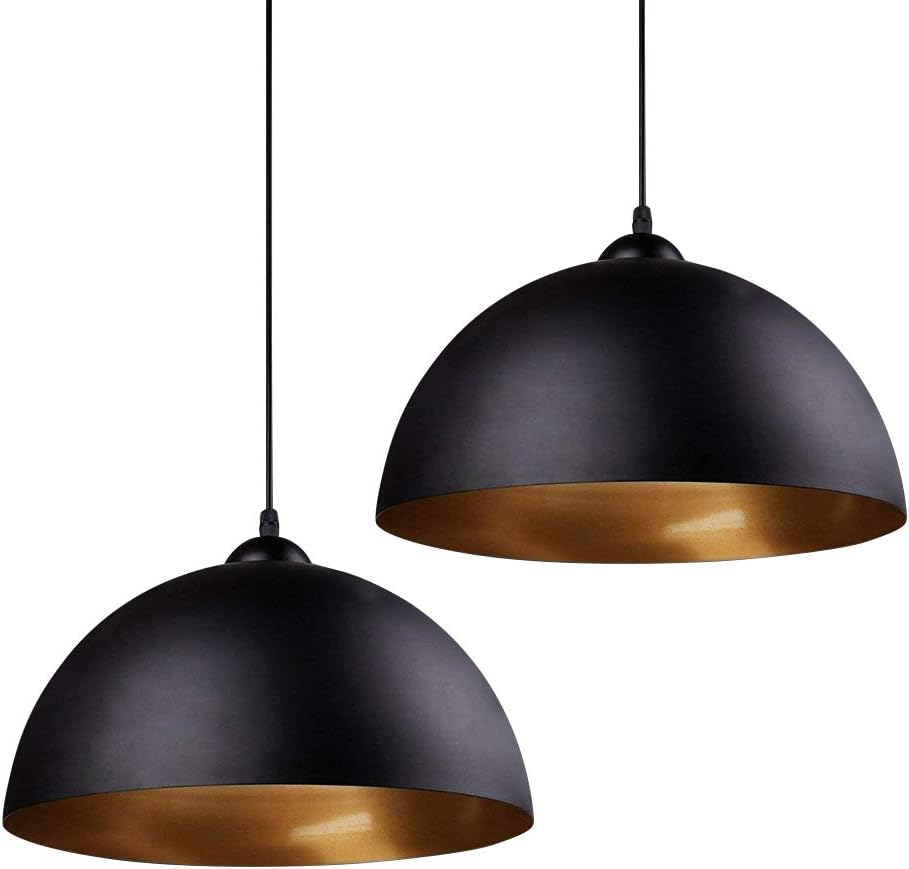 Modern Pendant Light, Frideko 2 Pack Metal Gold Hemisphere Lamp Shade Ceiling Pendant Light For Restaurant Dining Room Coffee Shop Bars Pubs Cafe (Black)