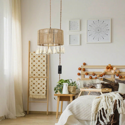 Bohemian Woven Rope Chandelier, Rustic Pendant Light for Kitchen & Bedroom Decor 11.81''W