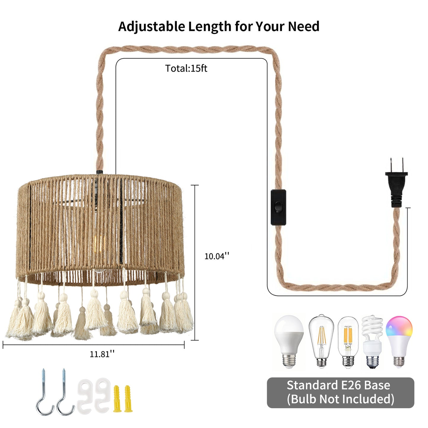 Bohemian Woven Rope Chandelier, Rustic Pendant Light for Kitchen & Bedroom Decor 11.81''W